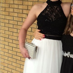 Halter sparkly two piece formal long prom dress